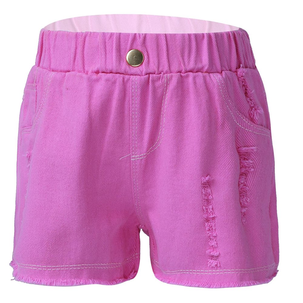 FEESHOW Kids Girls Ripped Denim Shorts Solid Color High Waist Elastic Waistband Buttons Casual Jeans Short Pants Pink 7-8 Years