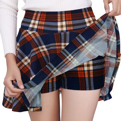 DJT FASHION Shorts for Women Basic Versatile Skorts Casual Stretchy Flared Skater Golf Tennis Mini Skirts with Shorts Large Navy Plaid