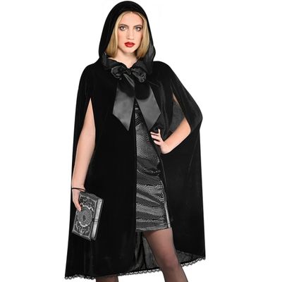 Black Hooded Cape With Oversized Bow For Women - One Size Fits All - Glamorous Costume Accessory, Perfect For Halloween, Costume Parties & Themed Events - 1 Pc