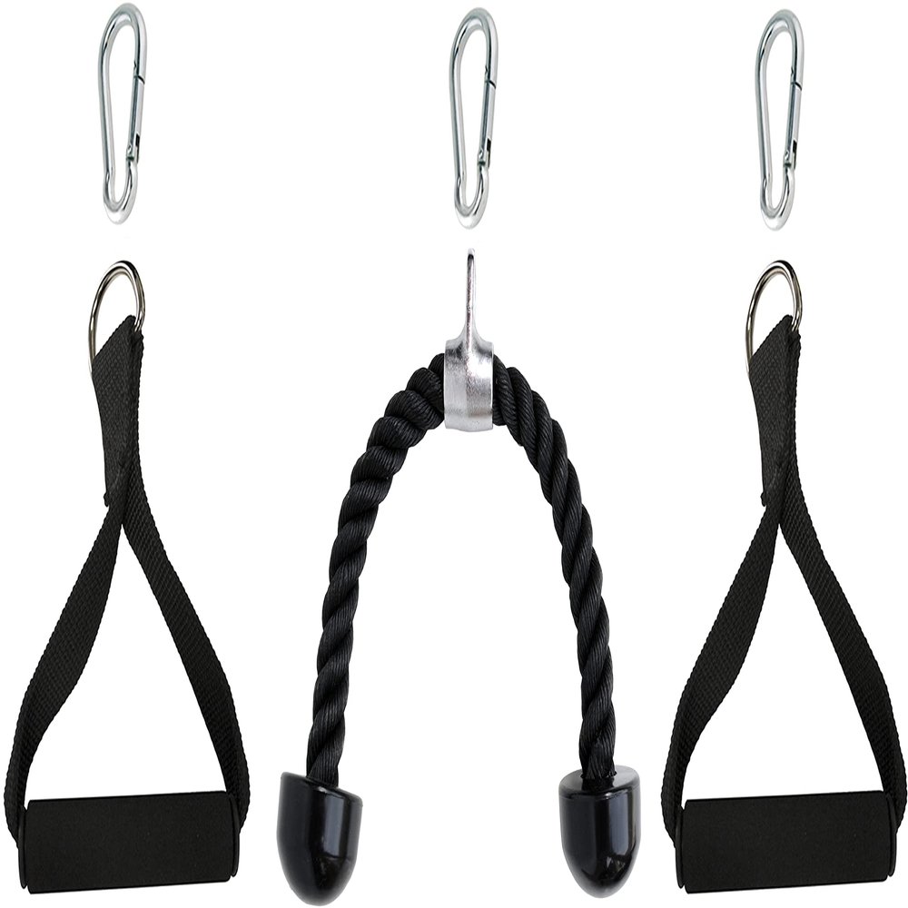 Ader Tricep Pull Down Rope Cable Machine Attachment + Nylon Cable Handles with 3 Snap Links for Home Gym Pulldown System (Black)