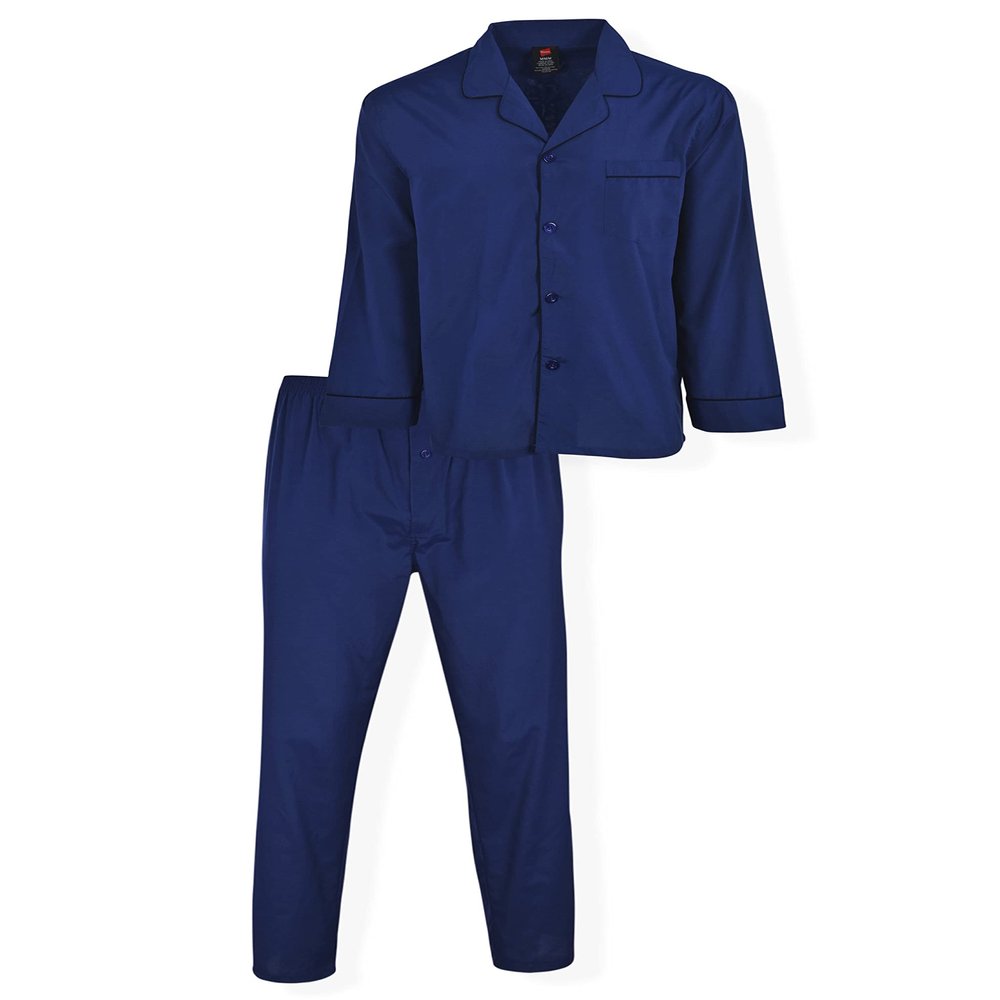 Hanes Men's Sleeve Long Leg Woven Pajama Set, Navy Heather, Large