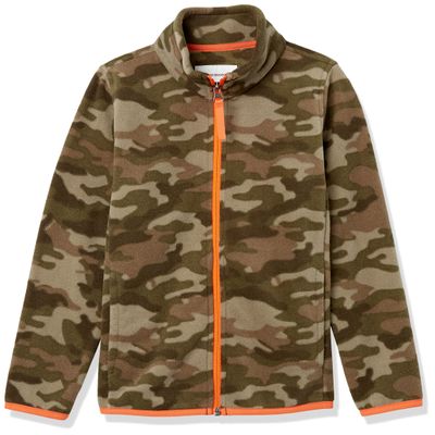 Amazon Essentials Boys' Polar Fleece Full-Zip Mock Jacket, Green Camo Print, Medium