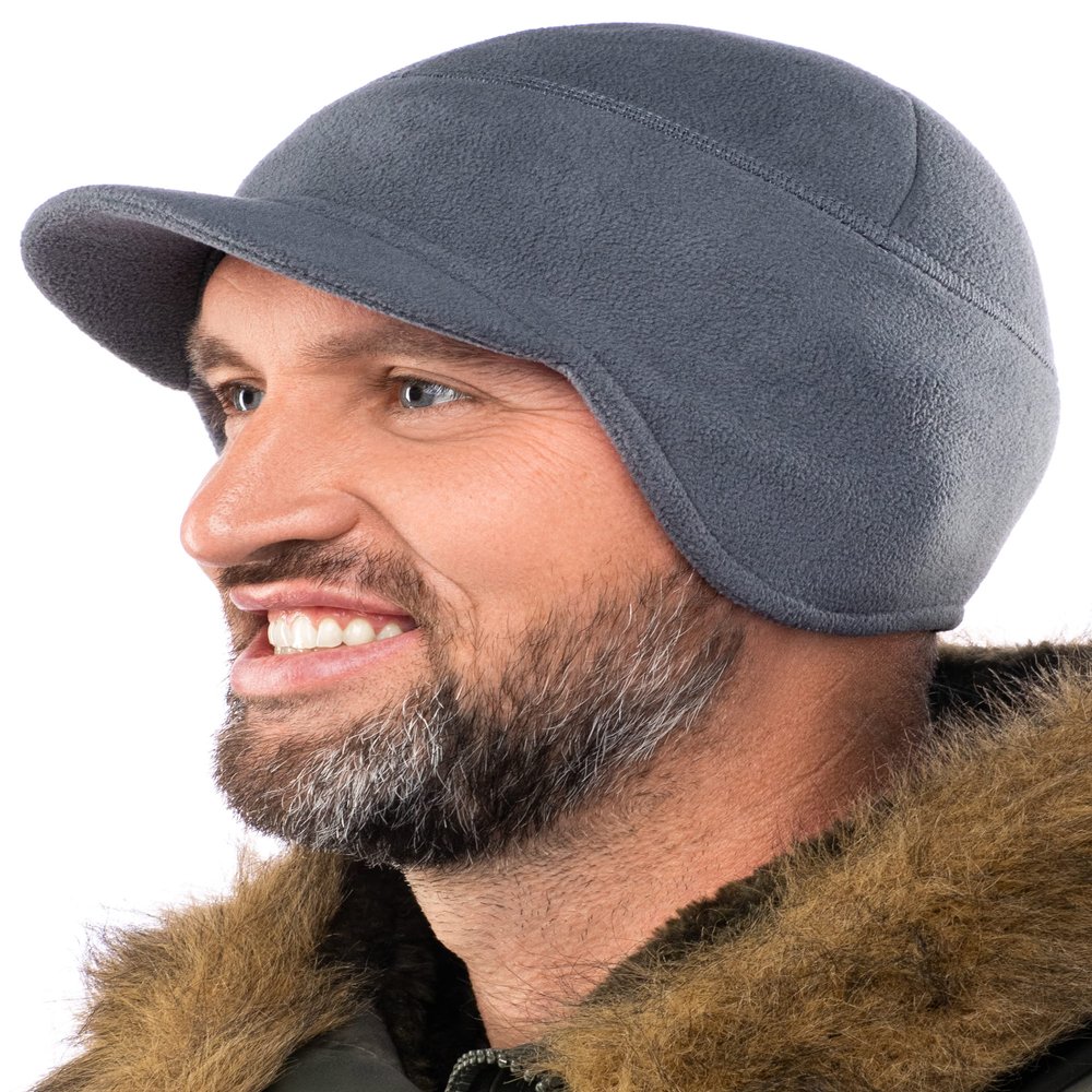 2SBR 2SABERS Fleece Winter Beanie with Visor - Men Women - Earflap Brim Skull Watch Cap Hat Grey