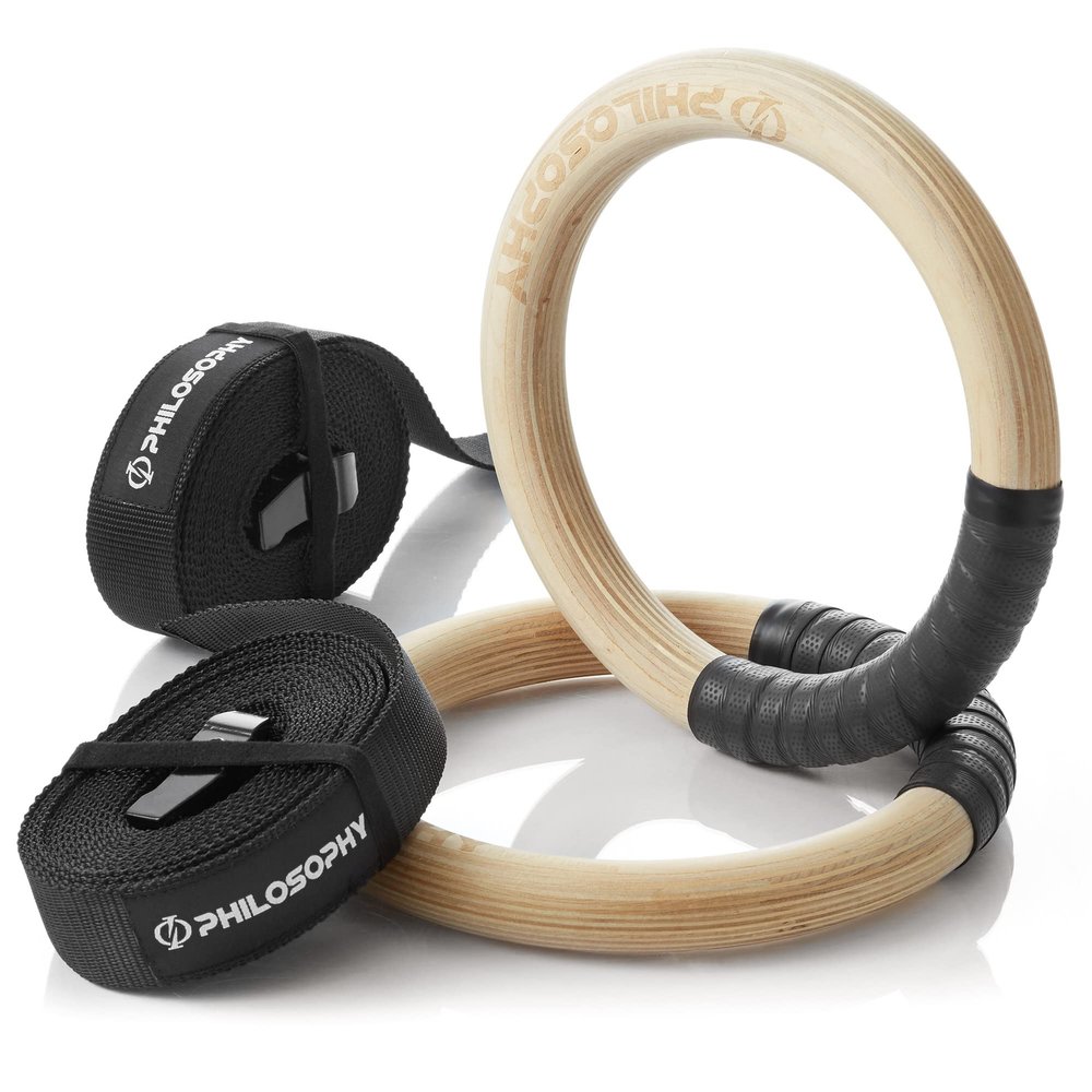 Philosophy Gym Wood Gymnastic Rings 1" - Exercise Ring Set Grip with Adjustable Straps, Grip Tape for Pull Ups, Dips, Muscle Ups