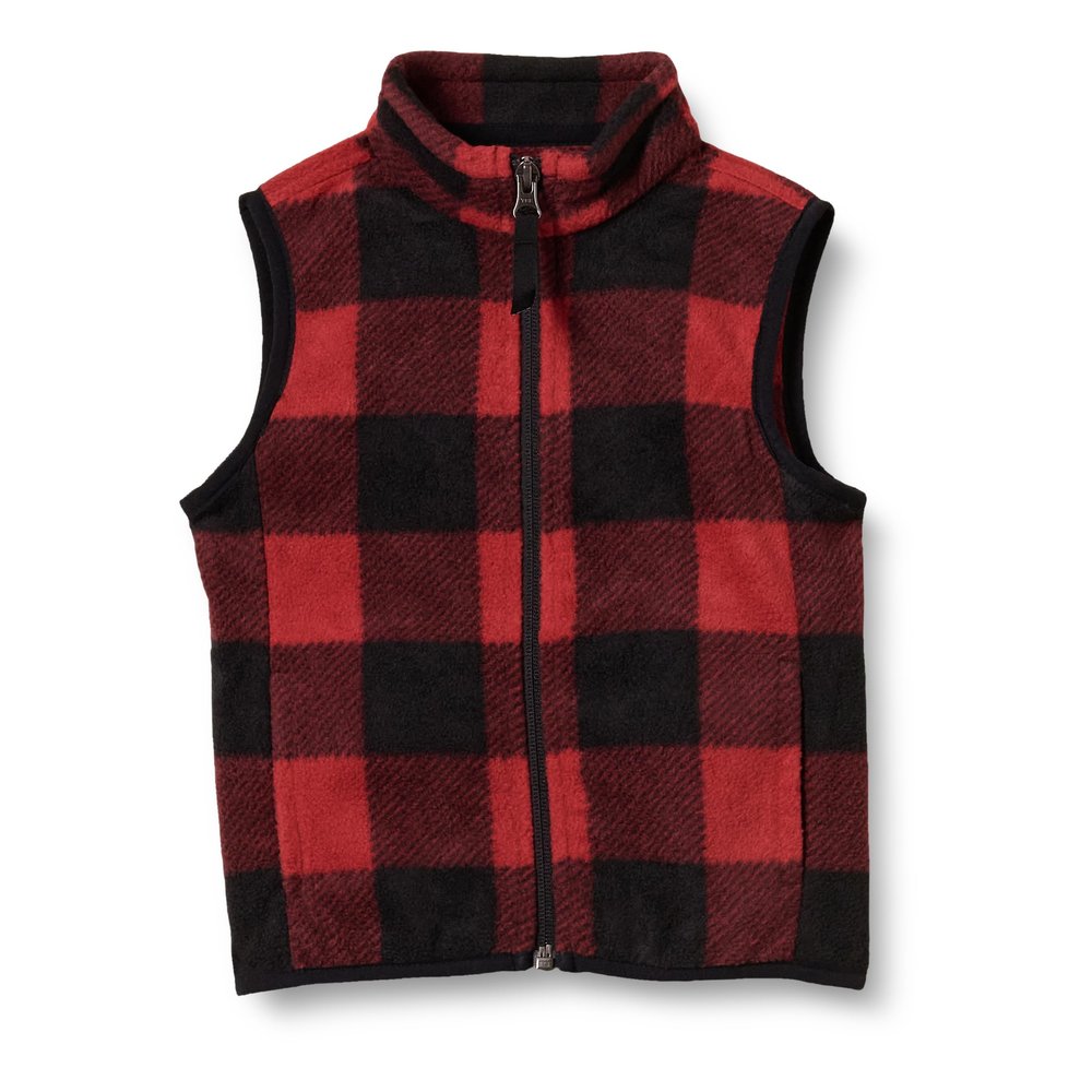 Amazon Essentials Boys' Full Zip Polar Fleece Vest, Red Exploded Buffalo Check, Medium