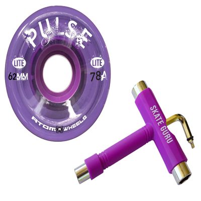 Atom Skates Outdoor Quad Roller Wheels / 2 Packs - 8 Wheels Atom Pulse Lite 62x33 Purple Bundle with Tool