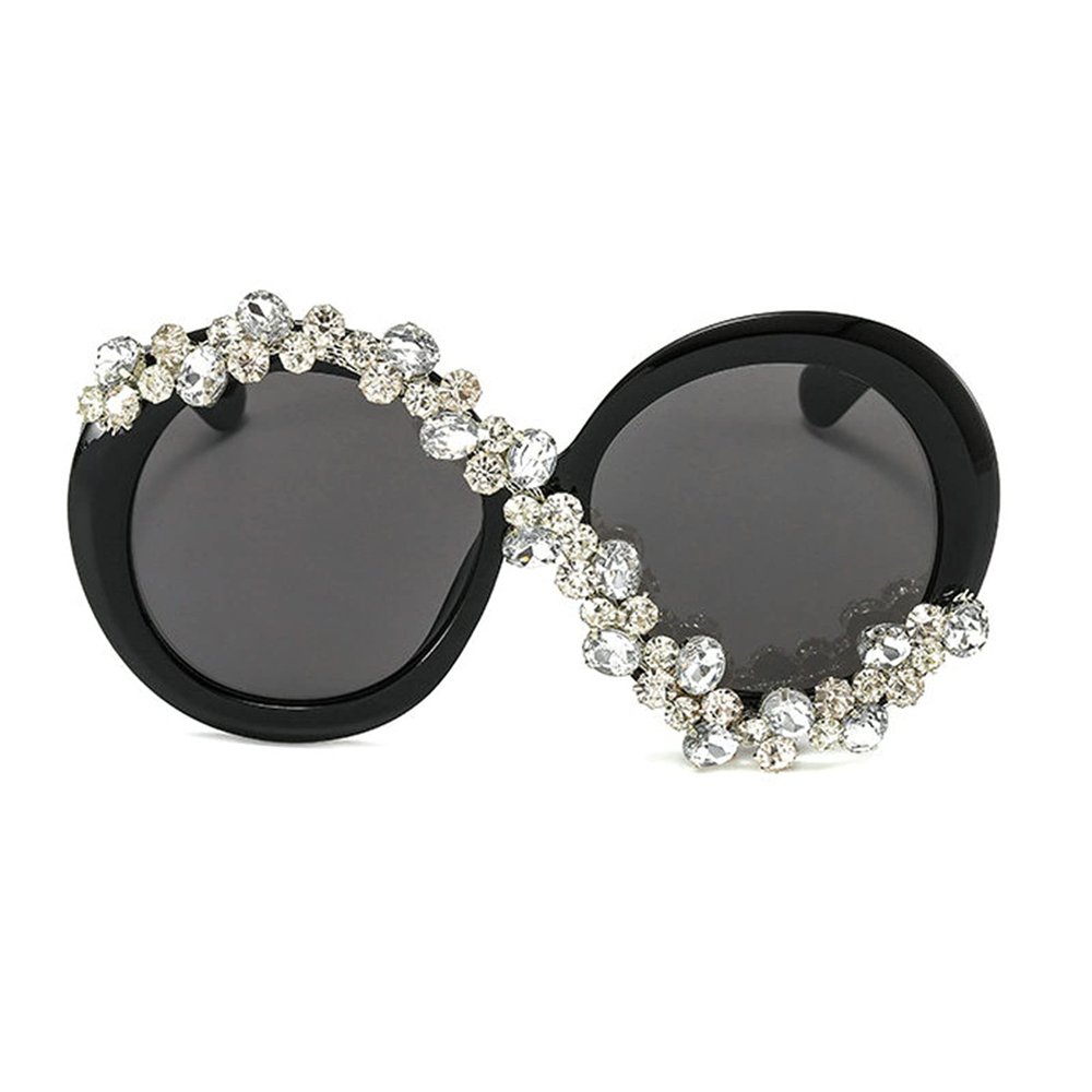 willochra Oversized Round Sunglasses Women Diamond Rhinestone Sunglasses Men Luxury Glasses Eyeglasses Vintage (BLACK)