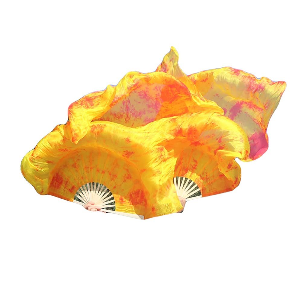 Winged Sirenny 43"(110 cm) Small Youth Worship Praise Fan Flag Streamers, Belly Dance Silk Fan Veil, Set of 2 (Flame)