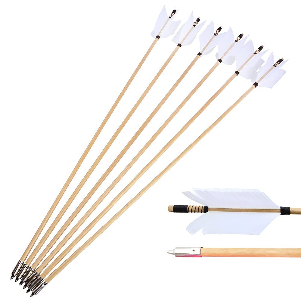 AMEYXGS 6/12 Pack Archery Traditional Wooden Arrow Target Flu-Flu Arrows with 4 Feathers Fletching for Practice Targeting Hunting (White, 12 Pack)