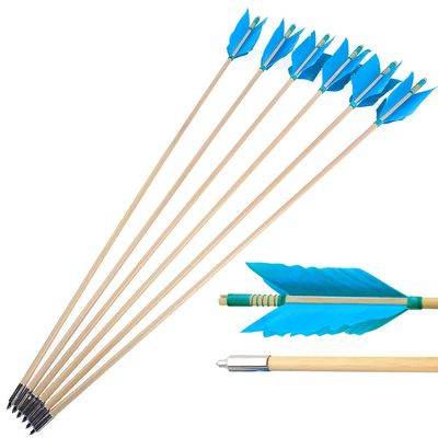 AMEYXGS 6/12 Pack Archery Traditional Wooden Arrow Target Flu-Flu Arrows with 4 Feathers Fletching for Practice Targeting Hunting(Lake Blue, 12 Pack)