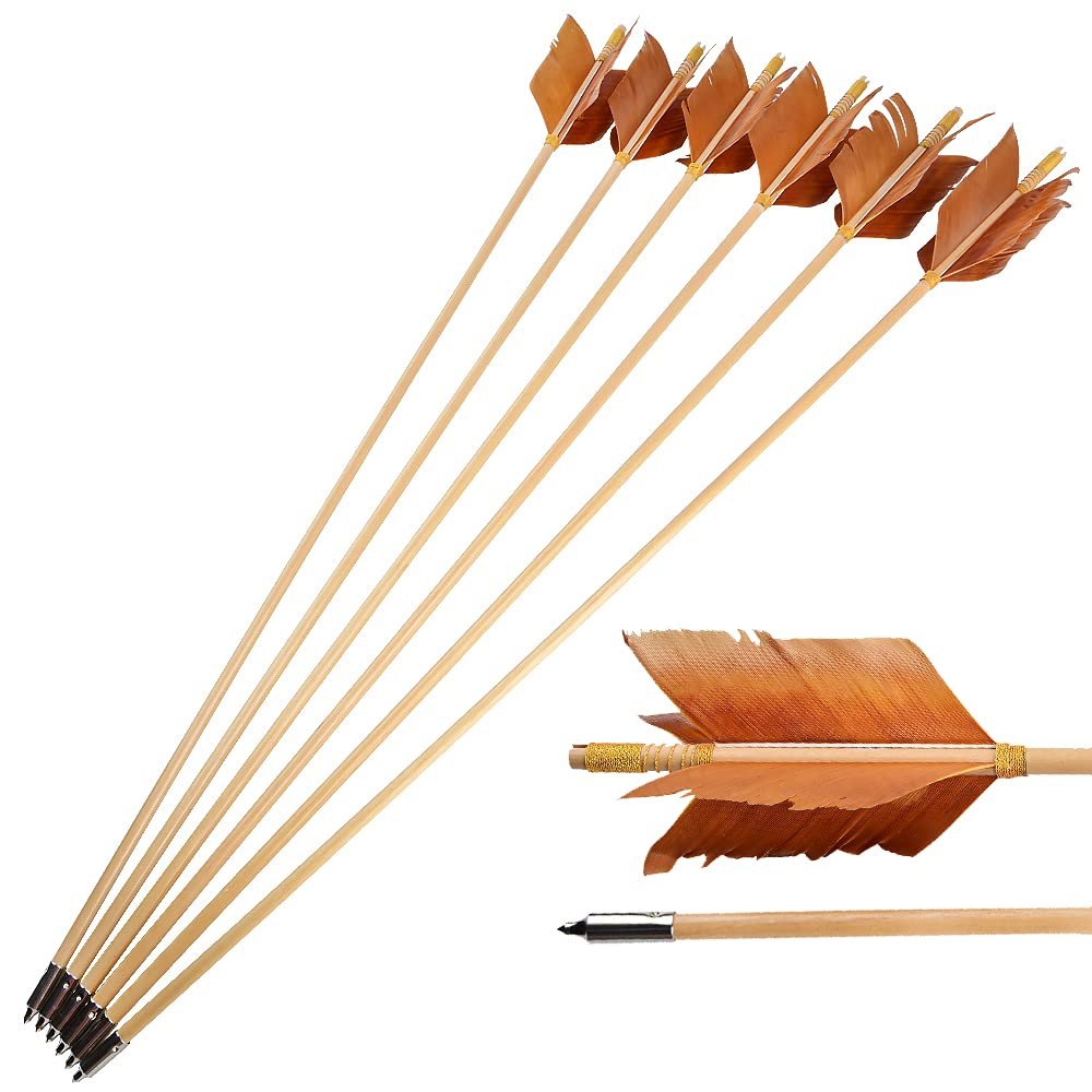 AMEYXGS 6/12 Pack Archery Traditional Wooden Arrow Target Flu-Flu Arrows with 4 Feathers Fletching for Practice Targeting Hunting (Brown, 12 Pack)