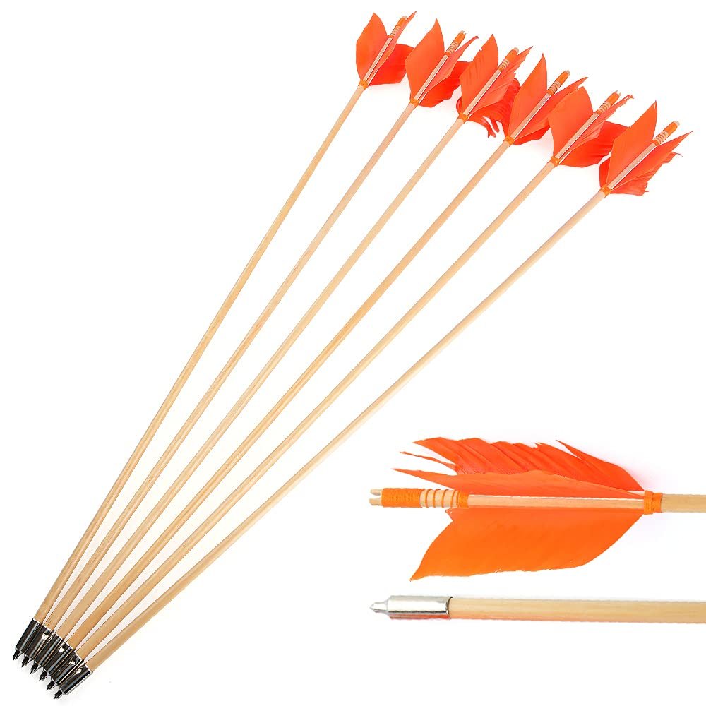 AMEYXGS 6/12 Pack Archery Traditional Wooden Arrow Target Flu-Flu Arrows with 4 Feathers Fletching for Practice Targeting Hunting (Orange, 12 Pack)