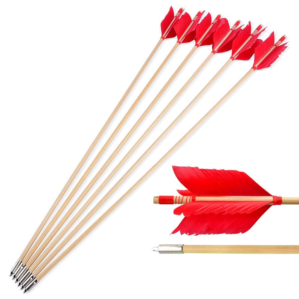 AMEYXGS 6/12 Pack Archery Traditional Wooden Arrow Target Flu-Flu Arrows with 4 Feathers Fletching for Practice Targeting Hunting(Red, 12 Pack)