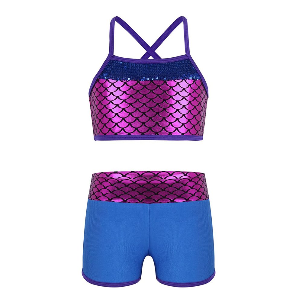 winying Kids Girls 2Pcs Printed Sports Crop Top with Shorts Gymmnastics Leotard Active Swimming Outfit Set Blue 10 Years