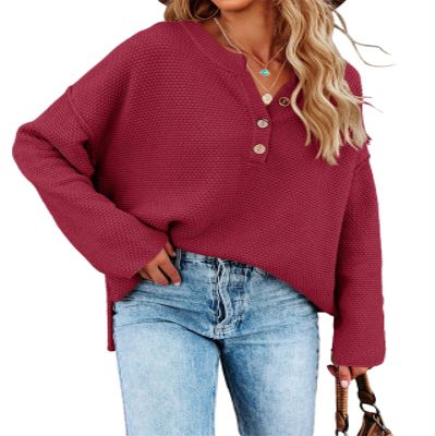 Saodimallsu Womens Oversized Sweaters Button Up V Neck Batwing Long Sleeve Chunky Loose Henley Tops Pullover Knit Jumper Wine Red