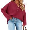 Saodimallsu Womens Oversized Sweaters Button Up V Neck Batwing Long Sleeve Chunky Loose Henley Tops Pullover Knit Jumper Wine Red view 1