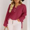 Saodimallsu Womens Oversized Sweaters Button Up V Neck Batwing Long Sleeve Chunky Loose Henley Tops Pullover Knit Jumper Wine Red view 2