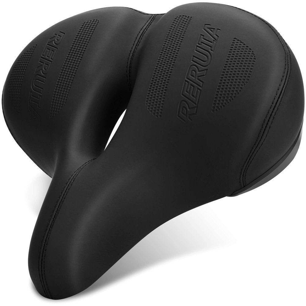 RERUIA Oversized Bike Seat Comfortable Saddle Dual Shock Absorbing Center Cutout Wide Large Exercise Bicycle Seat Leather Cover Waterproof Universal Fit for Men Women Seniors Outdoor Indoor Cycling