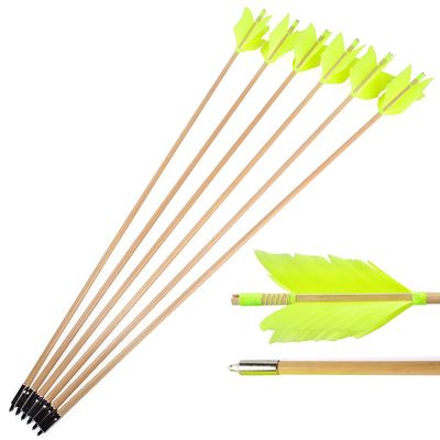 AMEYXGS 6/12 Pack Archery Target Flu-Flu Arrows Traditional Wooden Arrow 4 Feathers Fletching for Practice Targeting Hunting (Light Yellow, 12 Pack)