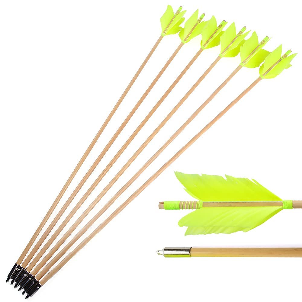 AMEYXGS 6/12 Pack Archery Target Flu-Flu Arrows Traditional Wooden Arrow 4 Feathers Fletching for Practice Targeting Hunting (Light Yellow, 12 Pack)