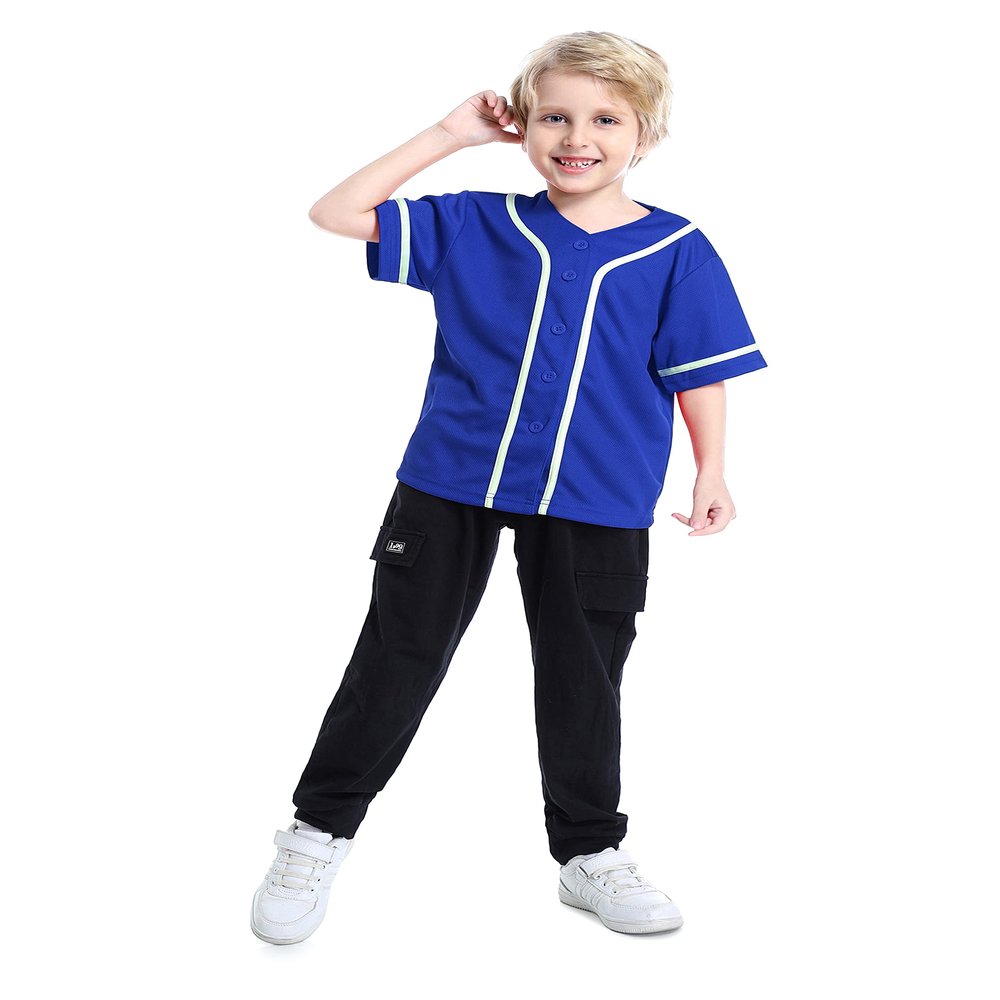 TopTie Boys Baseball Jersey, Kids Button Down Jersey T-Shirt Softball-Blue White-10T