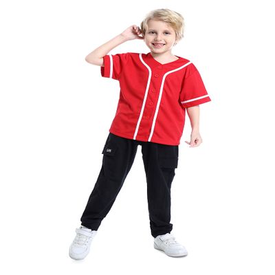 TopTie Boys Baseball Jersey, Kids Button Down Jersey T-Shirt Softball-Red White-2T