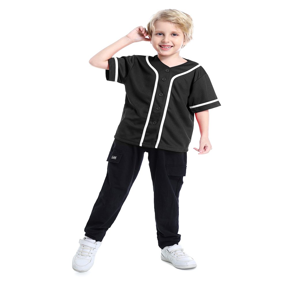 TopTie Boys Baseball Jersey, Kids Button Down Jersey T-Shirt Softball-Black White-4T