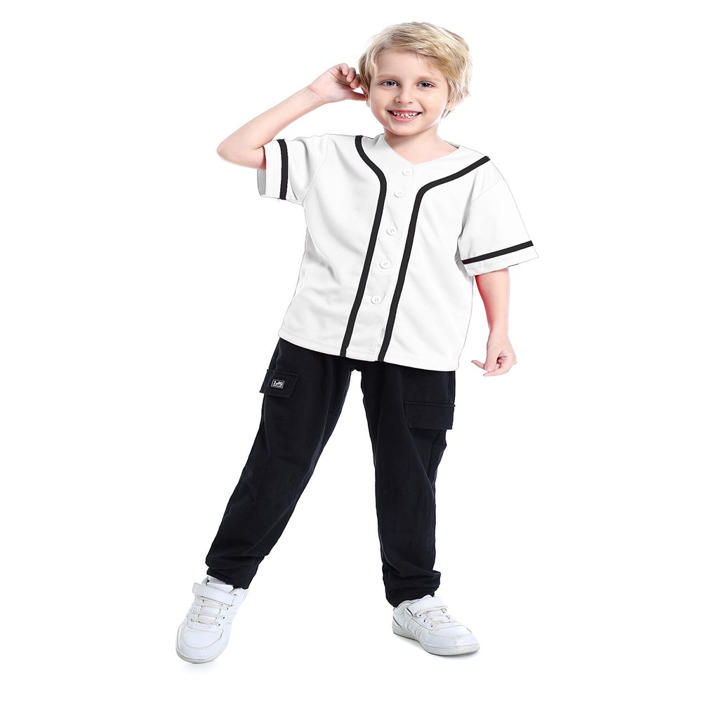TopTie Boys Baseball Jersey, Kids Button Down Jersey T-Shirt Softball-White black-8T