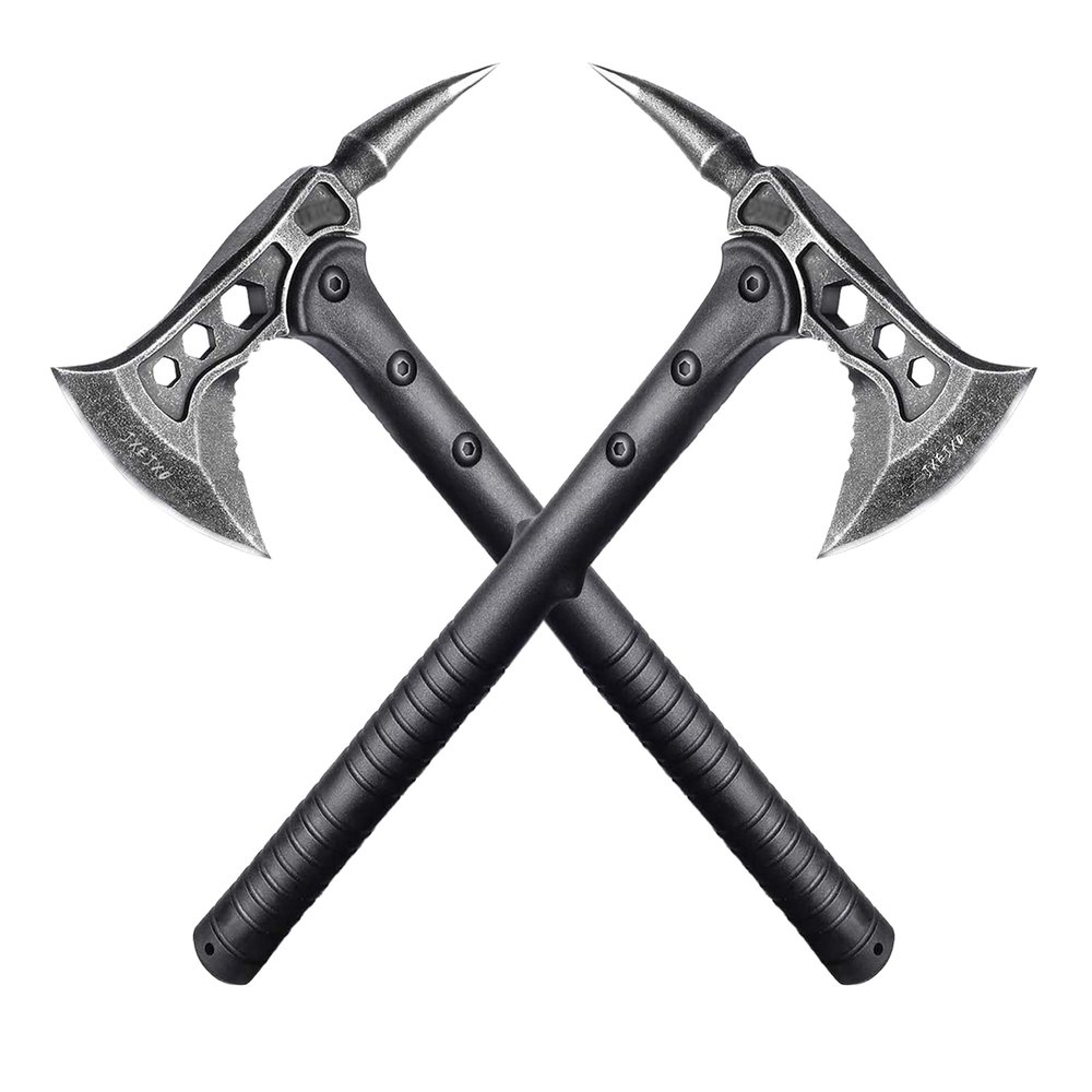 JXE JXO Camping Axe, Throwing Tactical Tomahawk with Spike, Survival Hatchet with Sheath, Nylon Fiber Handle for Outdoor Survival Hiking Camping 2 Pack