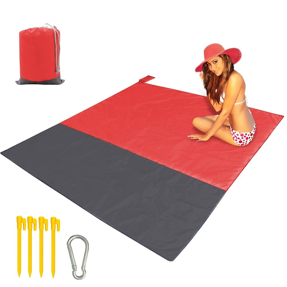 Beach Blanket Large Fast Drying Durable Lightweight Compact Outdoor Mat 79"x 55" - Sandproof Waterproof Picnic Mat for Travel, Camping, Hiking (Red)