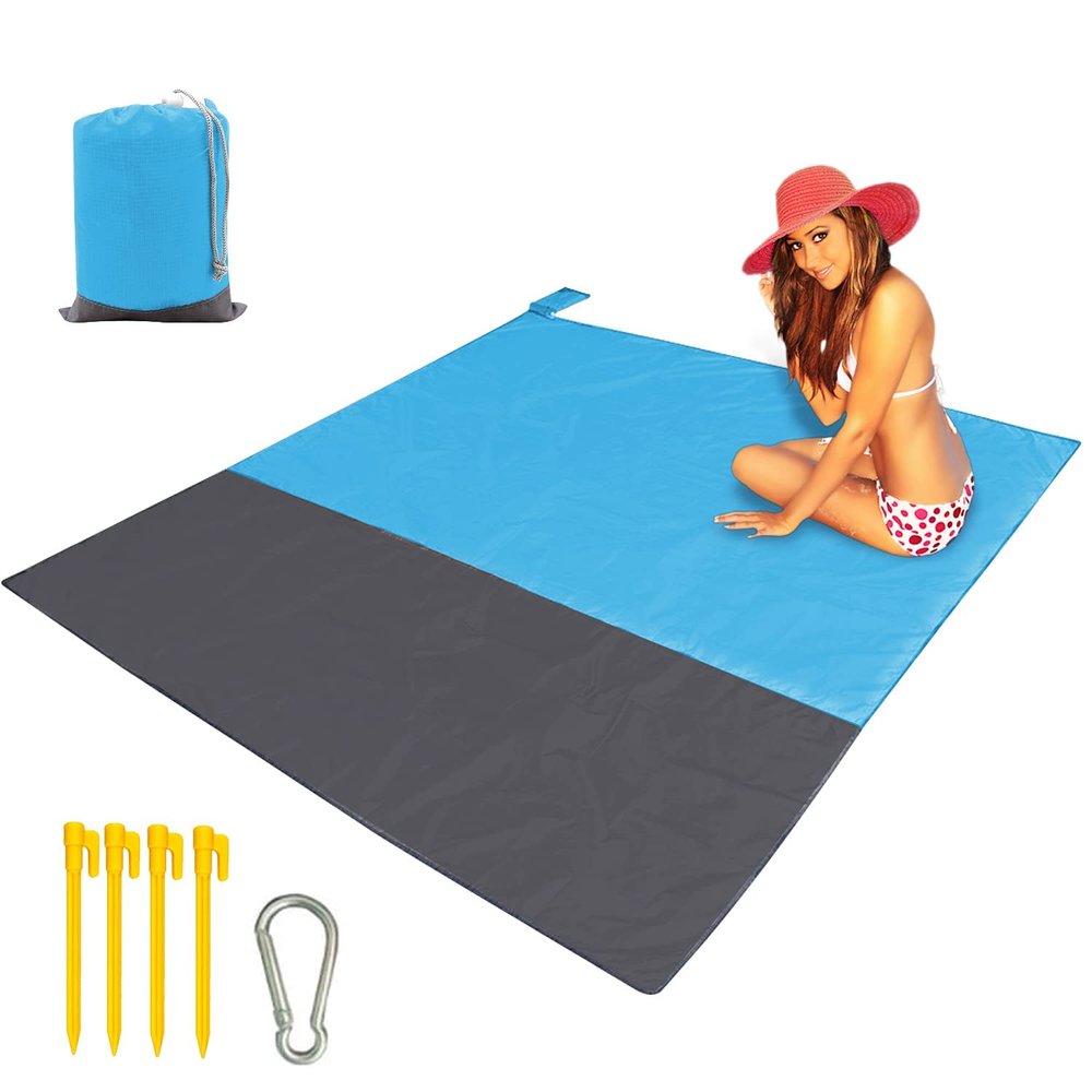 Beach Blanket Large Fast Drying Durable Lightweight Compact Outdoor Mat 79"x 55" - Sandproof Waterproof Picnic Mat for Travel, Camping, Hiking (Blue)