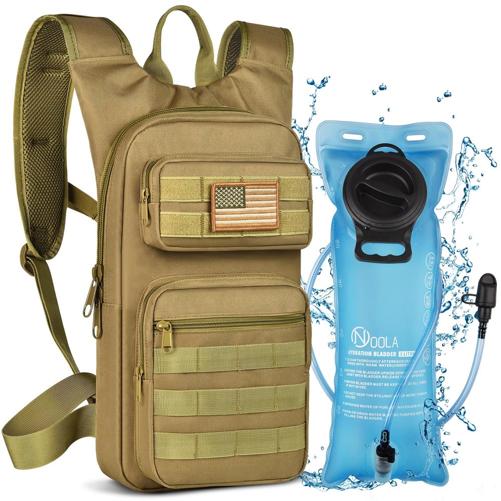 NOOLA Hydration Backpack with 3L TPU Water Bladder, Tactical Molle Water Backpack for Men Women, Hydration Pack for Hiking, Biking, Running and Climbing ,Tan