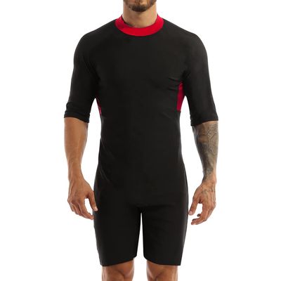 Kaerm Mens One Piece Surfing Snorkeling Swimwear Leotard Short Sleeve Boxer Shorts Unitard Bodysuit Red X-Large