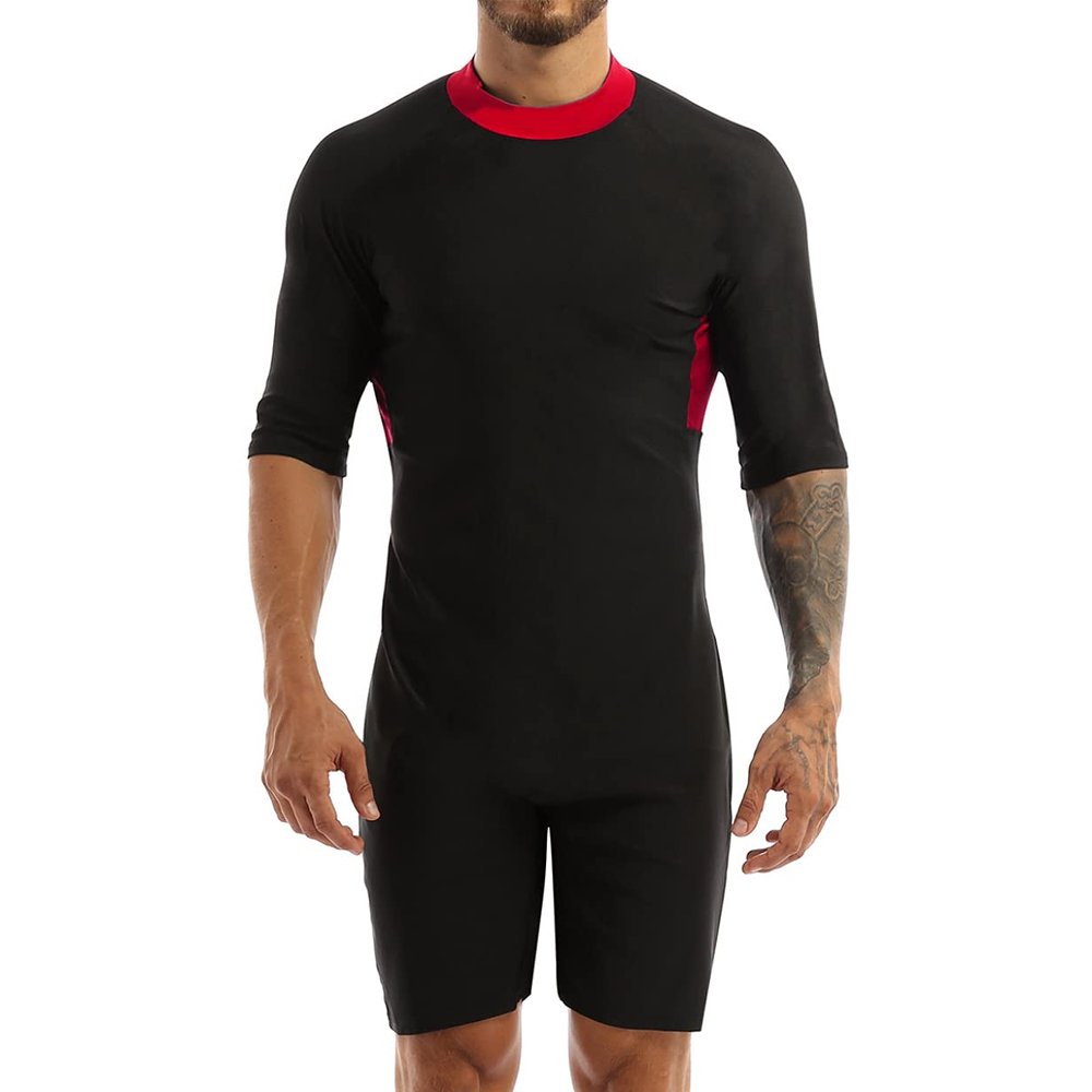 Kaerm Mens One Piece Surfing Snorkeling Swimwear Leotard Short Sleeve Boxer Shorts Unitard Bodysuit Red X-Large