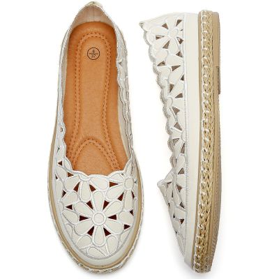 HEAWISH Womens Ballet Flat Daisy Round Toe Dress Shoes Casual Slip On Rope Loafer(White, US10)