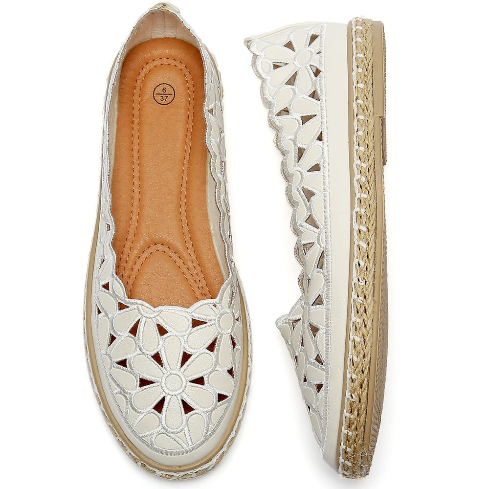 HEAWISH Womens Ballet Flat Daisy Round Toe Dress Shoes Casual Slip On Rope Loafer(White, US10)