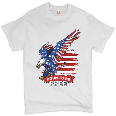 Diving Bald Eagle T-Shirt Born to Be Free American Flag 4th of July Men's Tee White Small