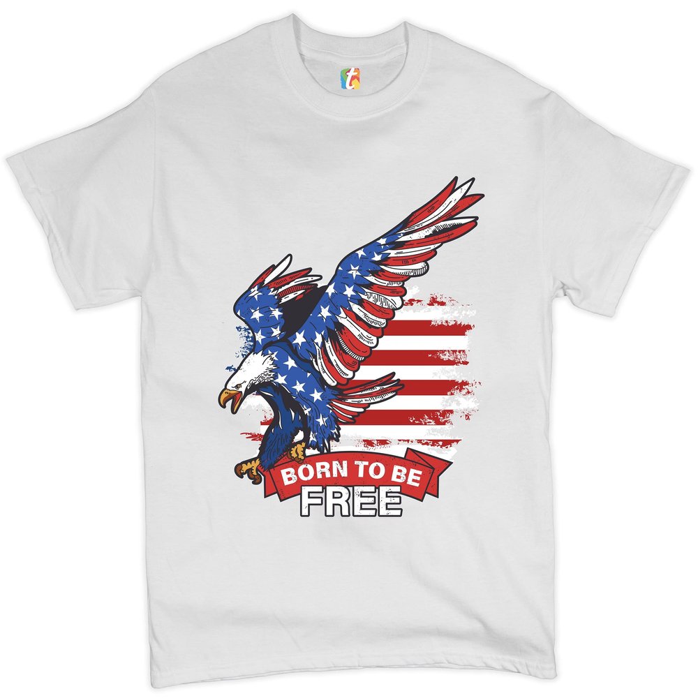 Diving Bald Eagle T-Shirt Born to Be Free American Flag 4th of July Men's Tee White Small