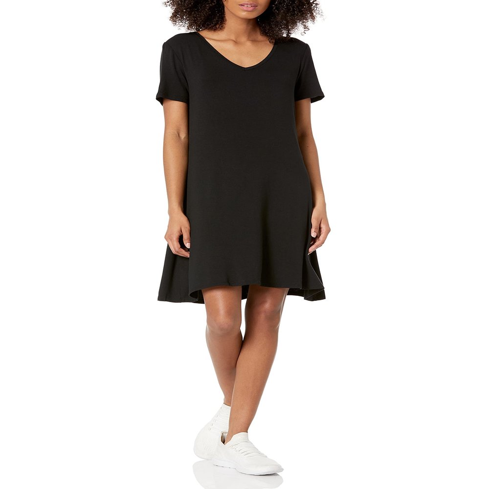 Amazon Essentials Women's Regular Short-Sleeve V-Neck Swing Dress, Black, X-Large