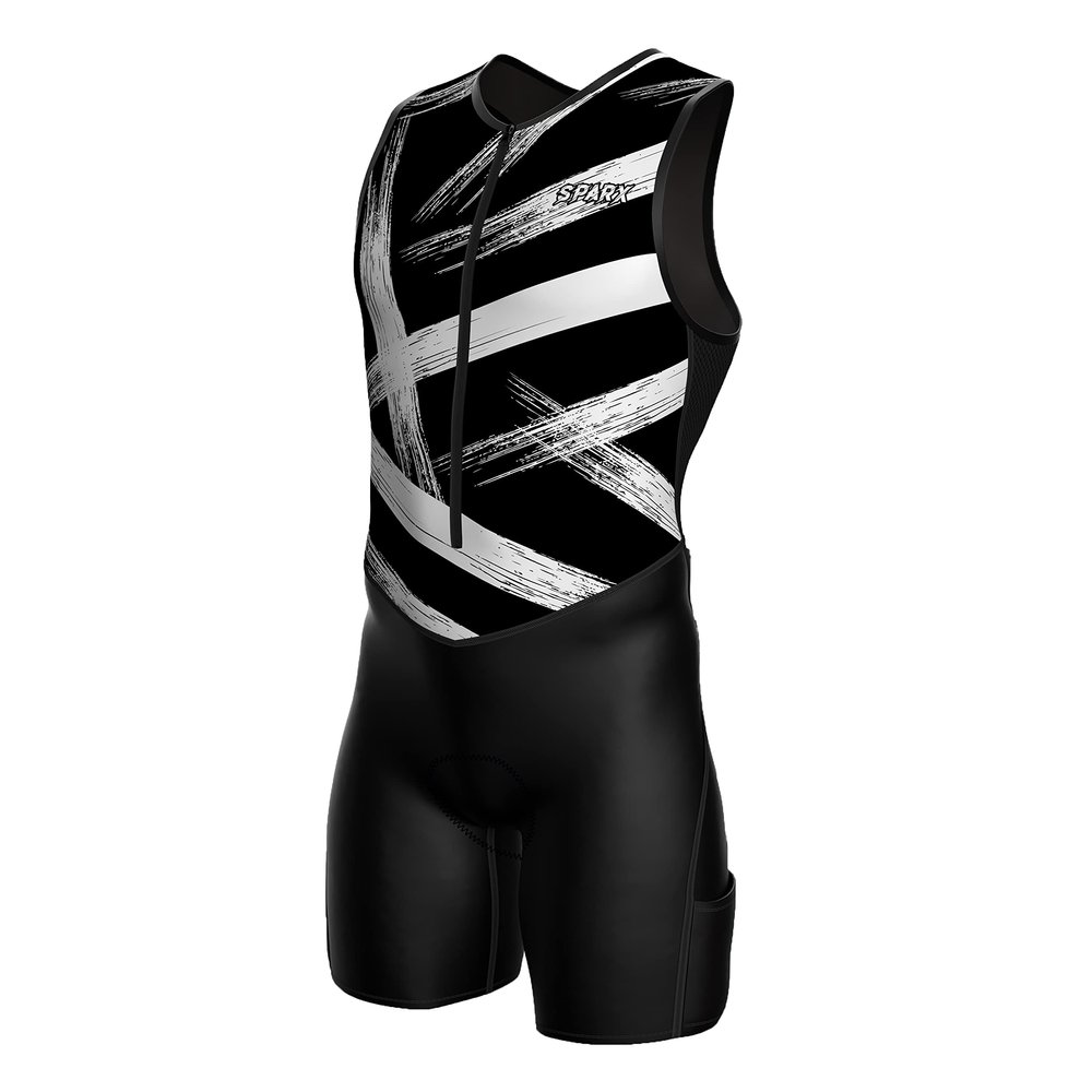 Sparx Men's Premium Triathlon Suit Padded, Quick-Dry, Compression Fit, Lightweight Tri Suit for Swim, Bike, Run Race & Training (XL, B&W_Brushes)