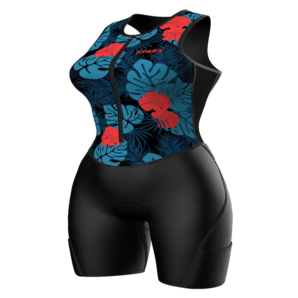Sparx Women Triathlon Suit Tri Short Racing Cycling Swim Run (2XL, Blue Hisbiscus)