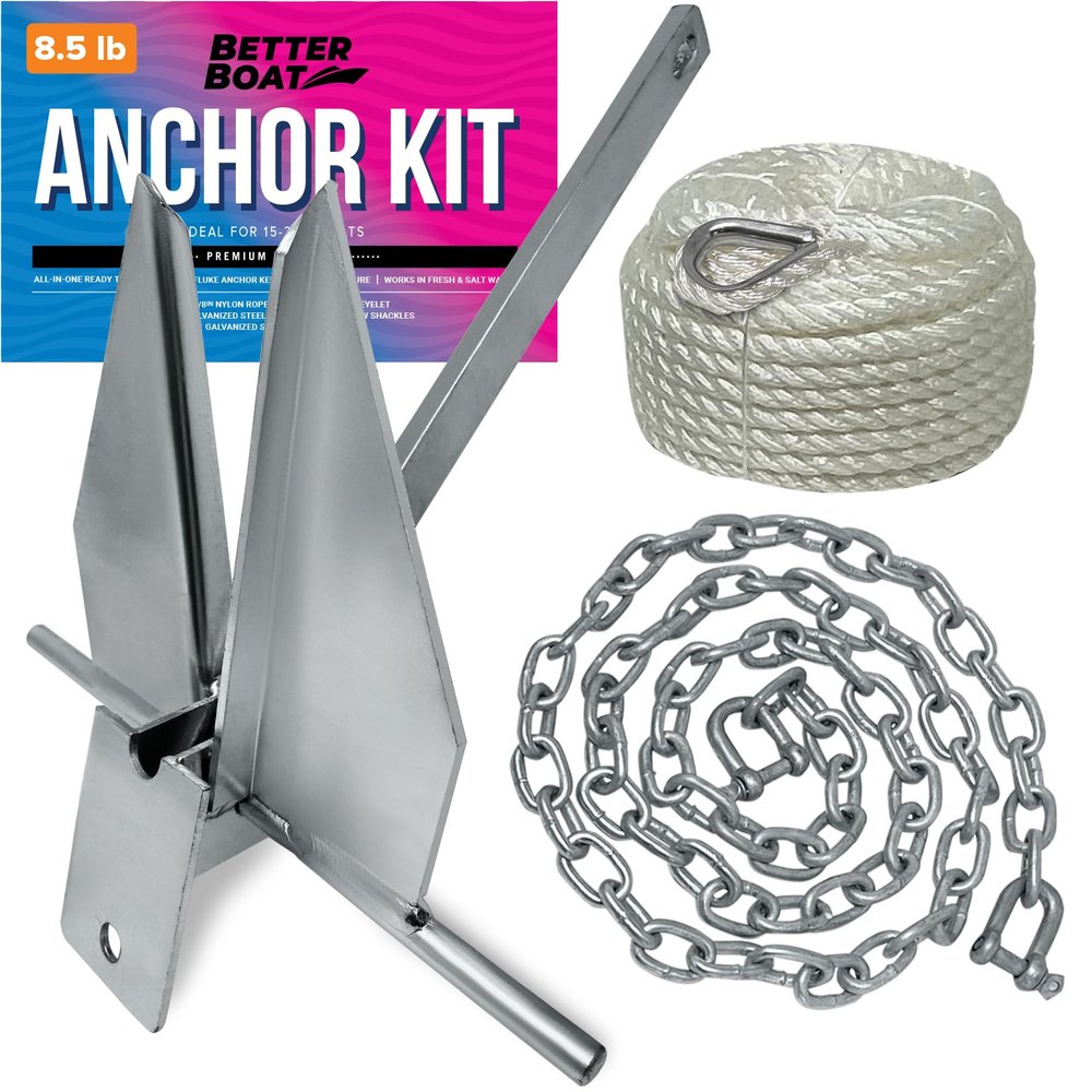 8.5lb Heavy Boat Anchor Kit, Fluke Design with Chain and 75FT Rope, for 15'-25' Boats, Including Pontoon, Deck, Fishing, and Sailboats