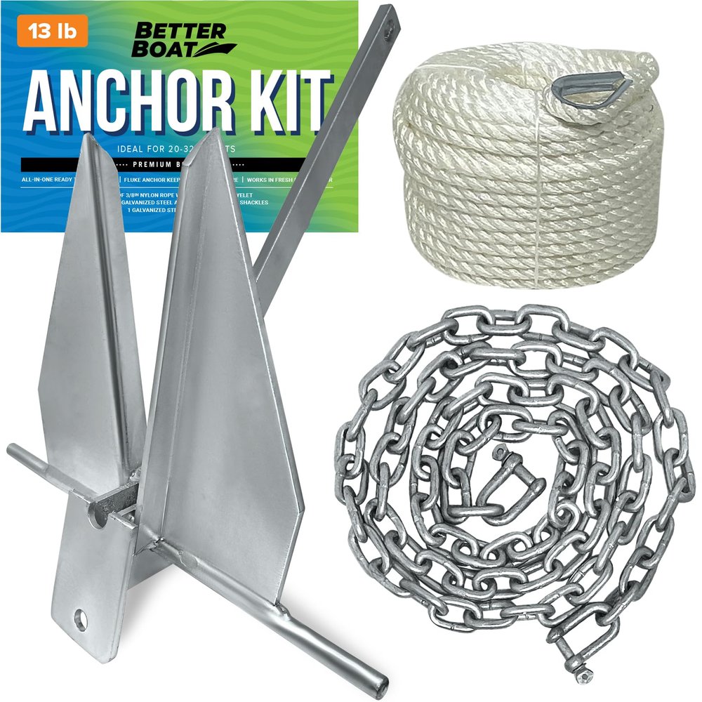 13lb Heavy Boat Anchor Kit, Fluke with Chain and 100FT Rope, for 20'-32' Boats, Pontoon, Deck, Fishing, and Sailboats