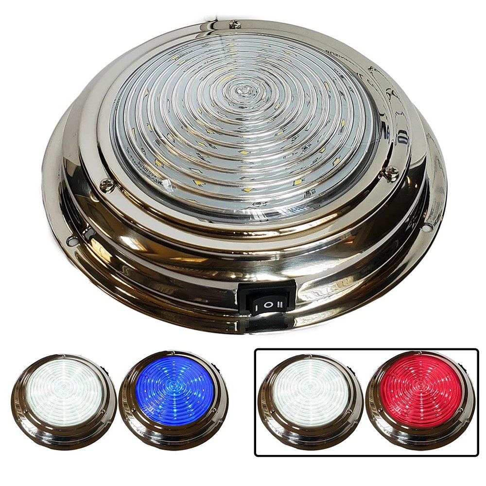 Wave One Marine Dual Color 7" LED Boat Dome Light 12V RV | Stainless Housing | Ceiling Cabin Room Surface Mount | Built In Rocker Toggle Switch (White | Night Red)