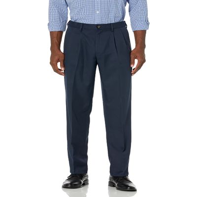 Amazon Essentials Men's Classic-Fit Expandable-Waist Pleated Dress Pant, Navy, 36W x 29L
