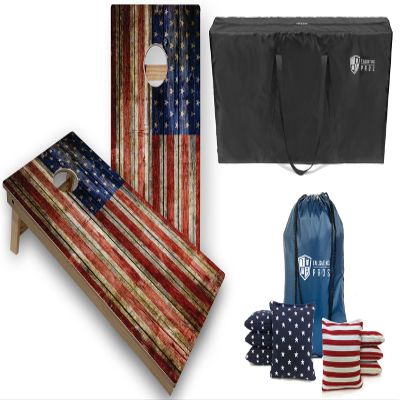 Tournament Grade Tailgating Pros American Flag Wooden Plank Design Cornhole Board Set w/Bean Bags and Carrying Case - 4'x2' Corn Hole Toss Game w/Ring Light