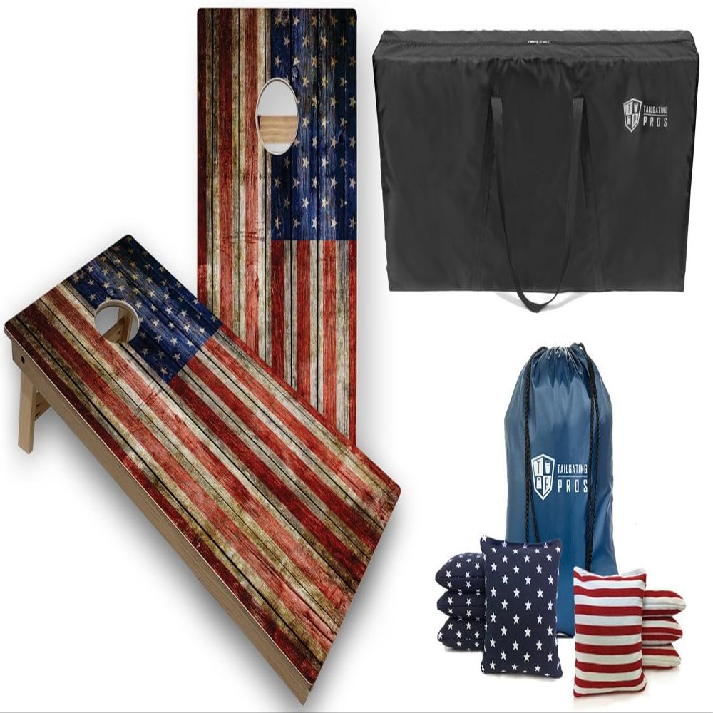 Tournament Grade Tailgating Pros American Flag Wooden Plank Design Cornhole Board Set w/Bean Bags and Carrying Case - 4'x2' Corn Hole Toss Game w/Ring Light