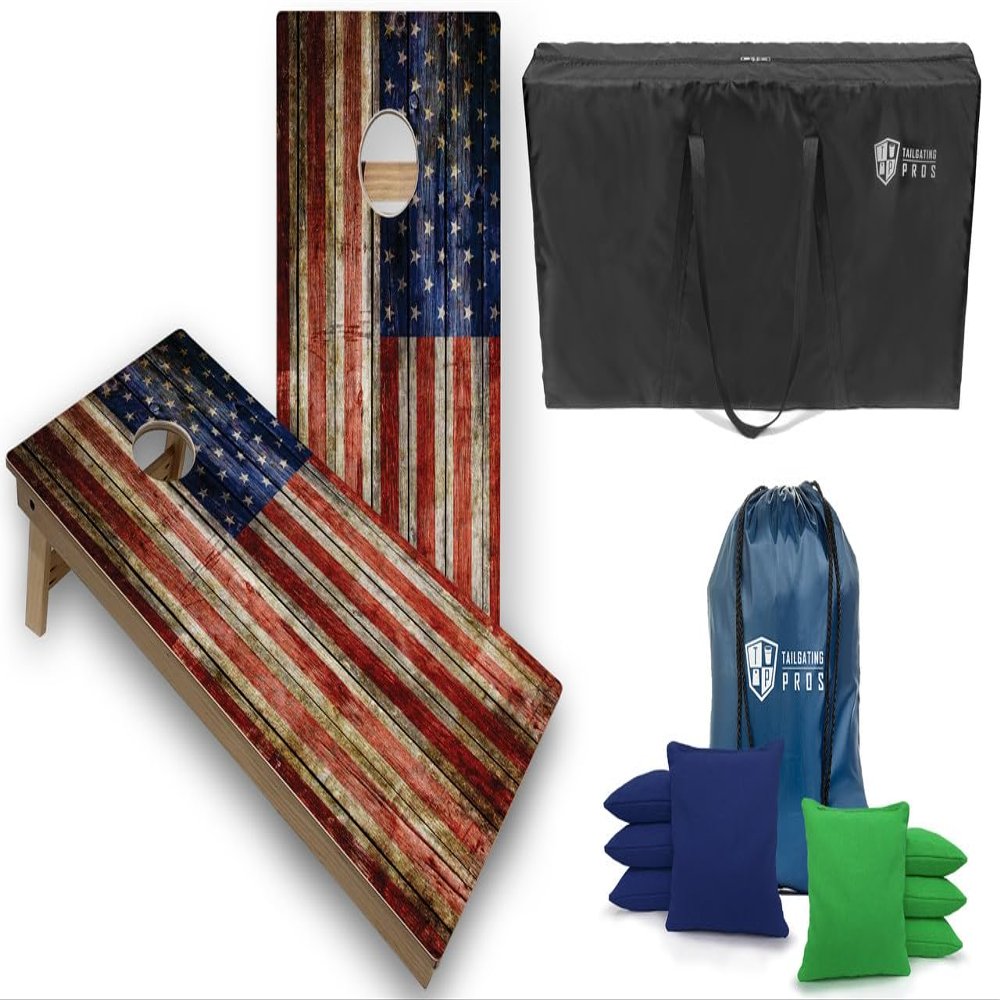 Tournament Grade Tailgating Pros American Flag Wooden Plank Design Cornhole Board Set w/Bean Bags and Carrying Case - 4'x2' Corn Hole Toss Game w/Ring Light