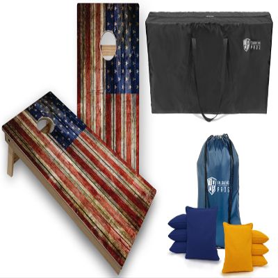 Tournament Grade Tailgating Pros American Flag Wooden Plank Design Cornhole Board Set w/Bean Bags and Carrying Case - 4'x2' Corn Hole Toss Game w/Built in Lights