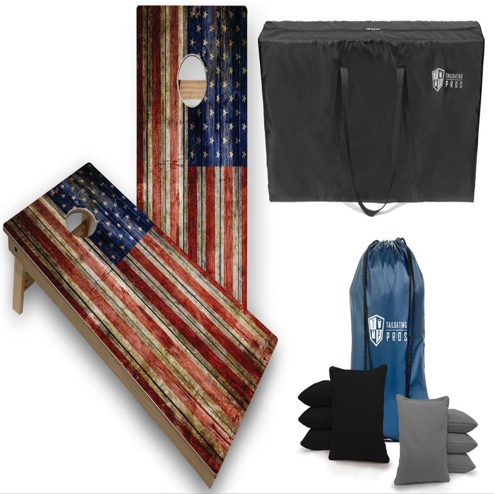 Tournament Grade Tailgating Pros American Flag Wooden Plank Design Cornhole Board Set w/Bean Bags and Carrying Case - 4'x2' Corn Hole Toss Game